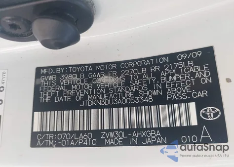 2010 Toyota Prius z USA, uszkodzony, nr VIN JTDKN3DU3A0053348